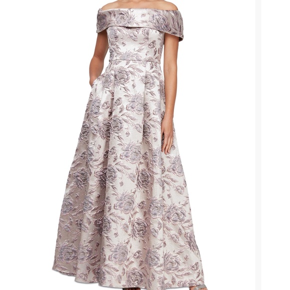 NWT Alex Evenings Metallic Floral Off the Shoulder Jacquard Gown, Size US 8 - Picture 1 of 5